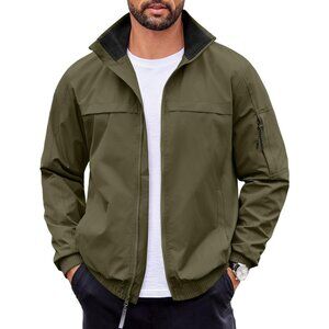 Men's Green Bomber Jackets Coat Lightweight Stand Collar Softshell Zip Pocket